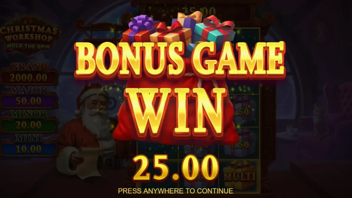 Tampilan visual slot Christmas Workshop: Hold The Spin dengan tema bengkel Santa yang meriah