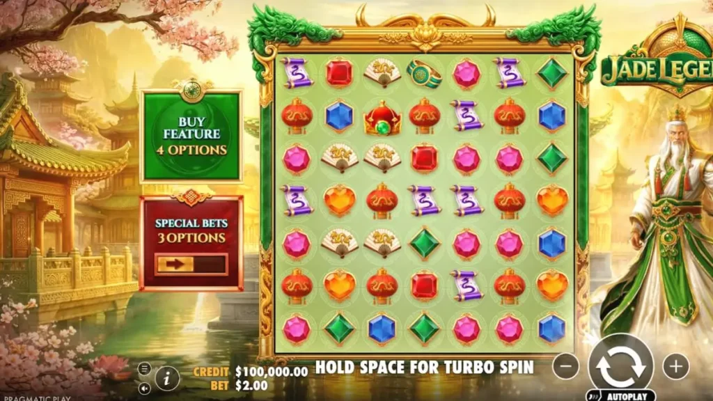 Tampilan visual slot Jade Legends dengan elemen naga dan simbol keberuntungan